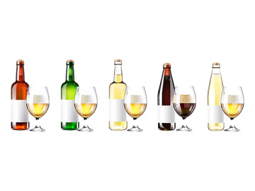 Beer in glass bottles with cups realistic product vector designs set preview picture