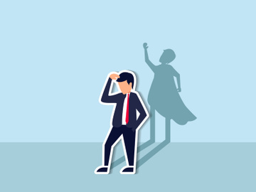 Self confidence or leadership to bring full potential and strength, motivation to achieve business success concept, self doubt businessman standing with his skillful power superhero shadow on the wall preview picture