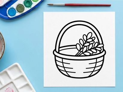 Wicker basket with leaves icon. Simple line art illustration of a harvest container.