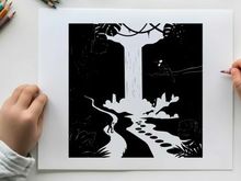 Silhouette of a person approaching a waterfall in a mystical forest