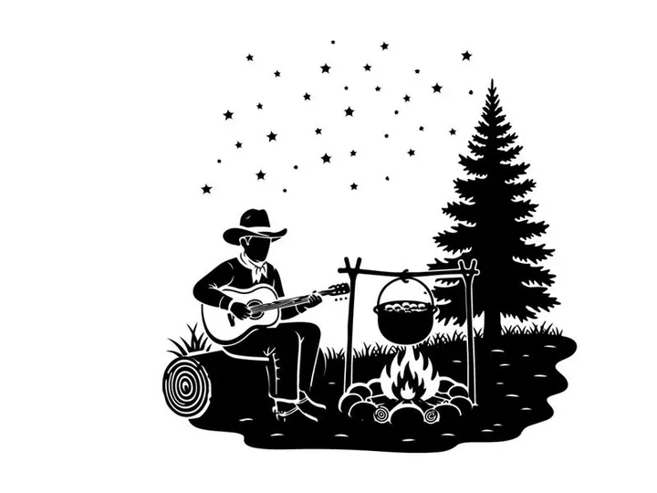 Silhouette of a man playing guitar by campfire silhouette