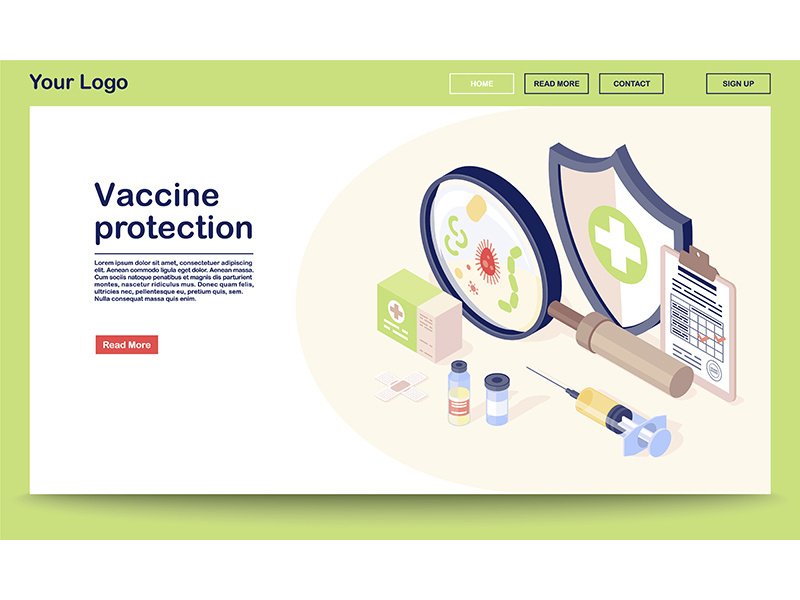 Vaccine protection webpage vector template with isometric illustration