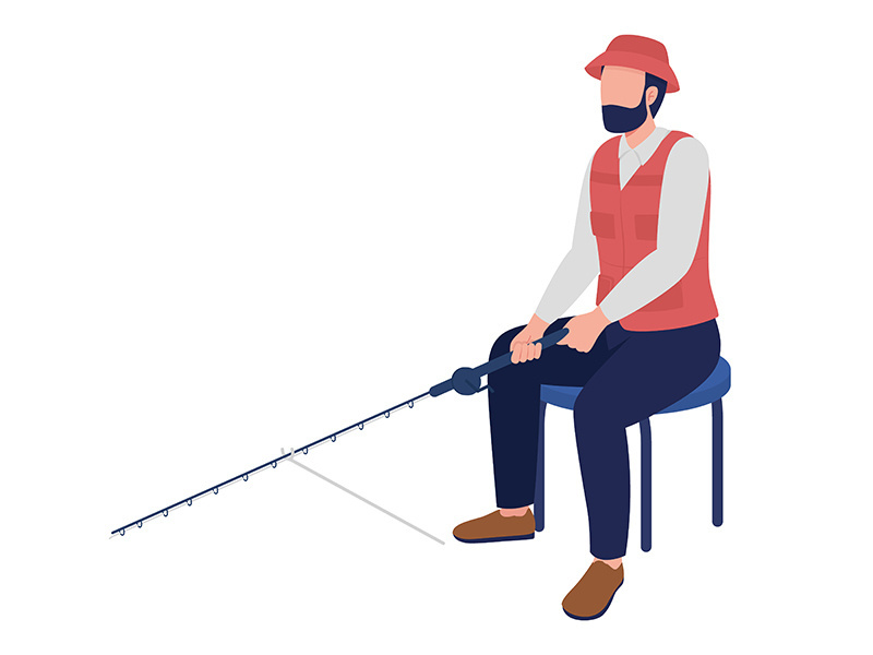 Middle aged man fishing with rod semi flat color vector character