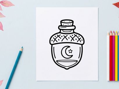 Zaubertrankflasche-Symbol. Hexenelixierflasche mit Mond- und Sternsymbol.