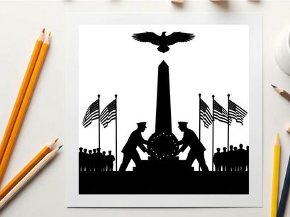 Silhouette of soldiers and monument with american flags and eagle silhouette