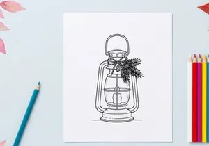 Christmas lantern line art illustration with pine branches and candle for holiday decor.