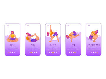 Yoga benefits onboarding mobile app screen vector template preview picture