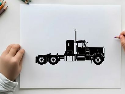 Silhouette of a semi truck tractor unit with wheels and exhaust pipe