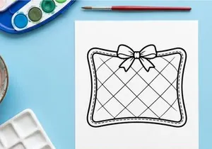 Quilted Christmas gift tag or label with a decorative bow in a simple line art style.
