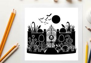 Silhouette of a spooky garden gate with skull and moon