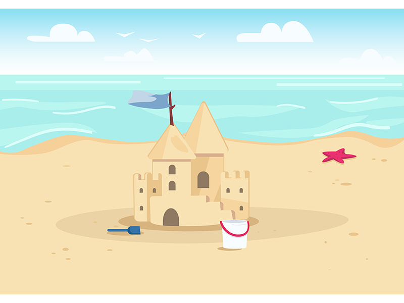 Sandcastle on beach flat color vector illustration