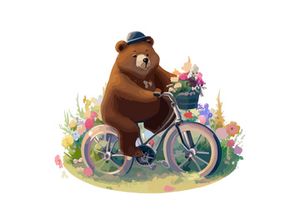 Bear riding a bike in floral countryside road, isolated in white background.