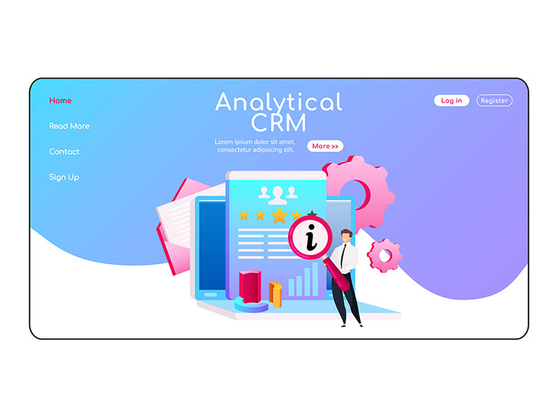Analytical CRM landing page flat color vector template