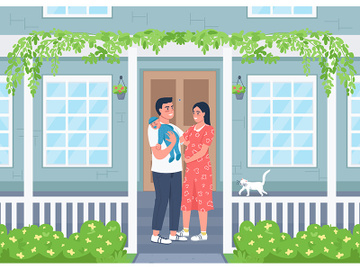 Young happy family outside new home flat color vector illustration preview picture