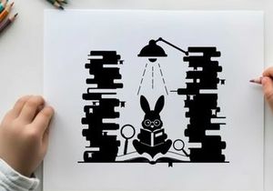 Silhouette of a rabbit reading under a desk lamp silhouette