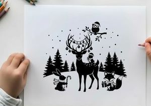 Winter forest silhouette with deer rabbit fox and owl