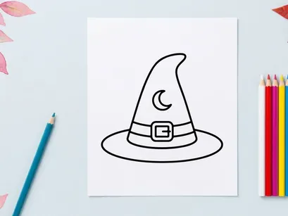 Topi kartun penyihir atau penyihir dengan desain bulan dan gesper. Topi kepala penyihir klasik untuk karakter fantasi dan tema magis.