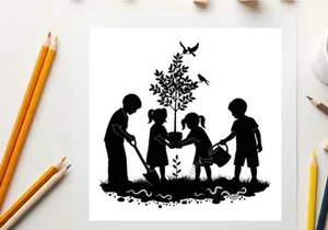 Children planting a tree in silhouette with birds flying overhead