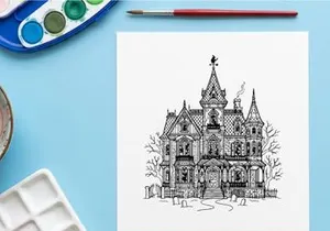 Geister-Viktorianische Villa-Illustration. Gruselige gotische Hauszeichnung für Halloween-Design.