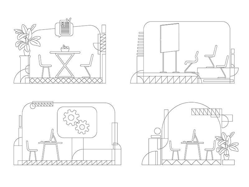 Company interior outline vector illustrations set