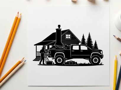 Silhouette of a man loading wood beside a truck and cabin