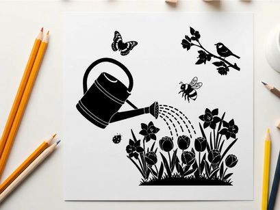 Silhouette of watering can and flowers with butterflies and birds