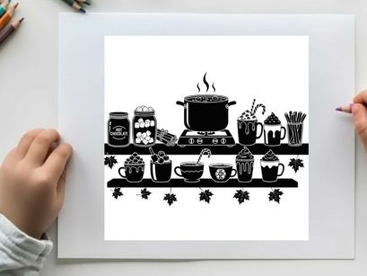 Silhouette of kitchen items on a shelf with a pot and cups silhouette