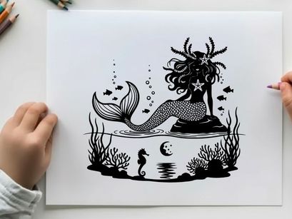 Mermaid silhouette sitting on rock surrounded by ocean creatures and seaweed silhouette