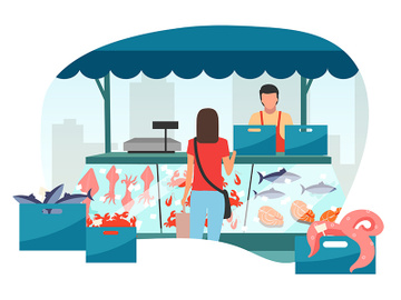 Woman buying seafood at street market stall flat illustration preview picture