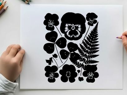 Silhouette of flowers and a lion's head with fern