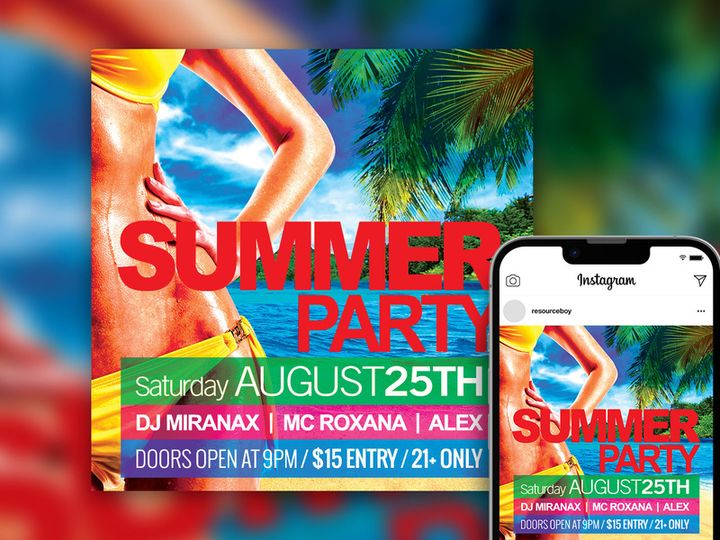 Free Hot Tropical Bold Summer Beach Club Party Instagram Post Template
