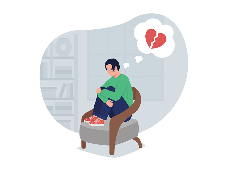 Depressed lonely boy thinking of heartbreak 2D vector isolated illustration