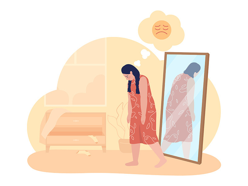 Overweight sad teenage girl 2D vector isolated illustration