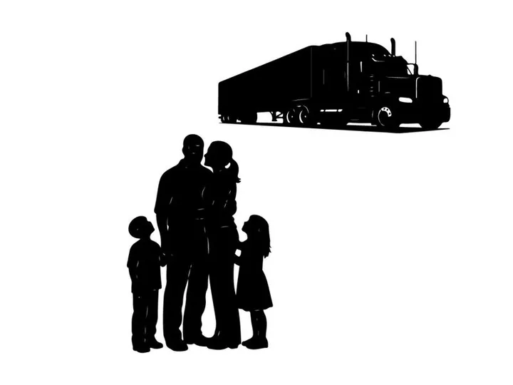 Silhouette of a family and a semi truck on a white background
