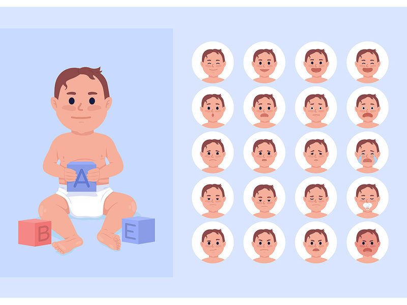 Baby boy changing moods semi flat color character emotions set