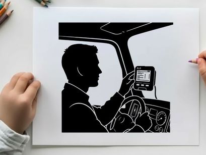 Silhouette of a man using a gps device while driving a car