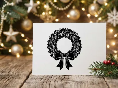 Ilustración de corona navideña en blanco y negro con piñas y un lazo decorativo
