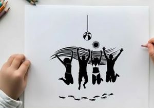 Silhouette of people jumping with disco ball silhouette