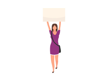 Young woman holding poster above head semi flat color vector character preview picture