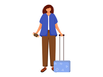 Girl tourist with suitcase and boarding pass flat contour vector illustration preview picture