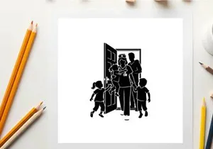 Family entering home with silhouette of parents and children