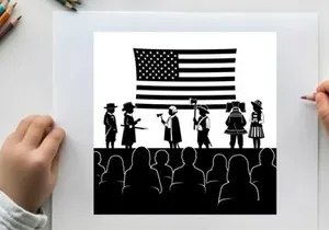 American silhouette patriotic performance with flag and actors