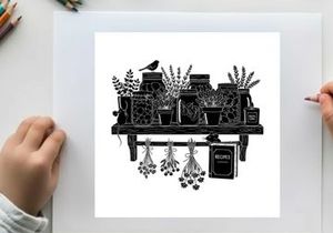 Silhouette of a bird on a shelf with potted plants and herbs