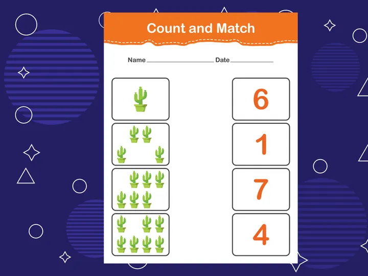 10 Pages Count and match with the correct number. Matching education game. Count how many items and choose the correct number