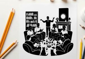 Silhouette of people gathered around a table with a speaker