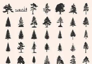 Silhouettes Trees Set, Pine Tree fir pruce cedar white patch alder elm birch ash cypress beech palm tree.