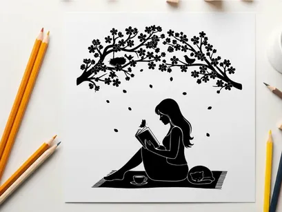 Silhouette of a woman reading under a blooming tree silhouette