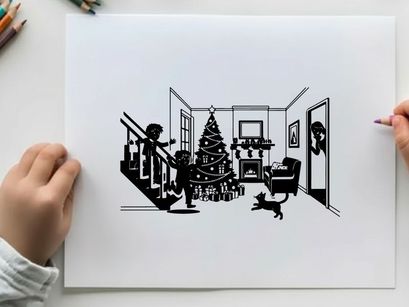Black and white silhouette of children decorating christmas tree