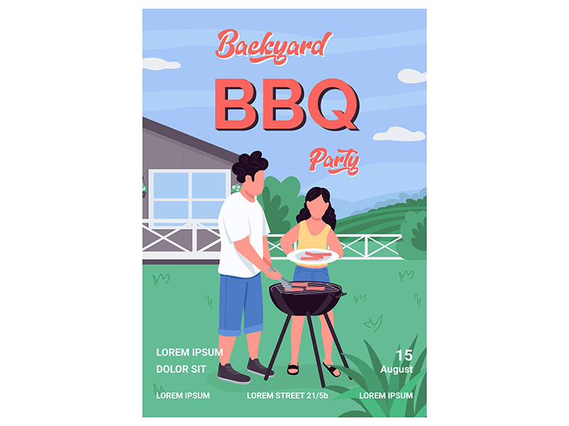 Backyard bbq party poster flat vector template