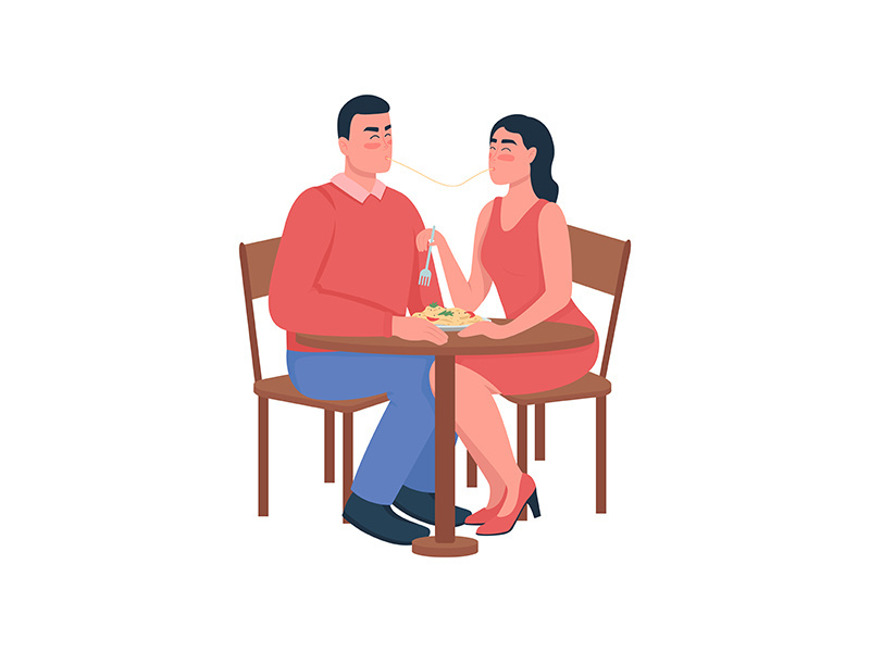 Man and woman eating spaghetti flat color vector detailed characters